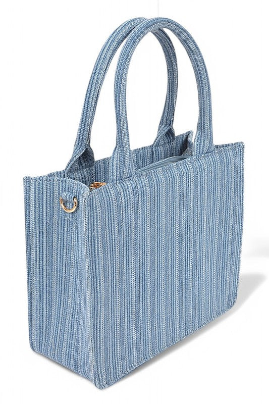 striped denim convertible tote mini top handle crossbody bag