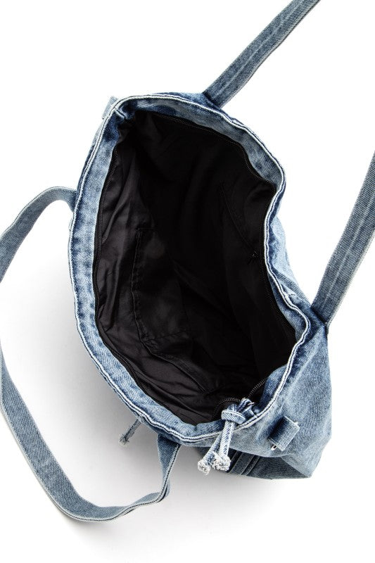 vintage washed denim tote top handle fashion bag