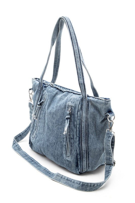 vintage washed denim tote top handle fashion bag