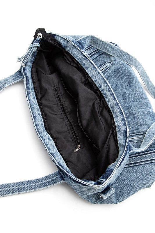 vintage washed denim tote top handle fashion bag