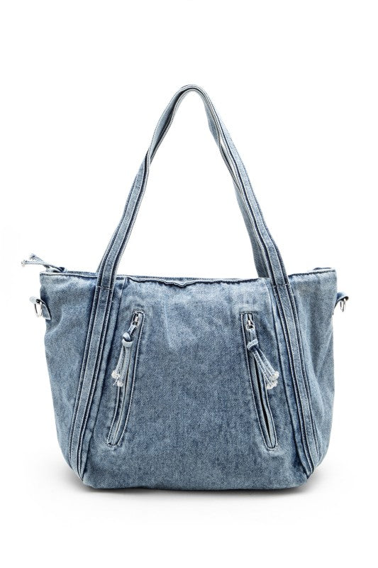 vintage washed denim tote top handle fashion bag