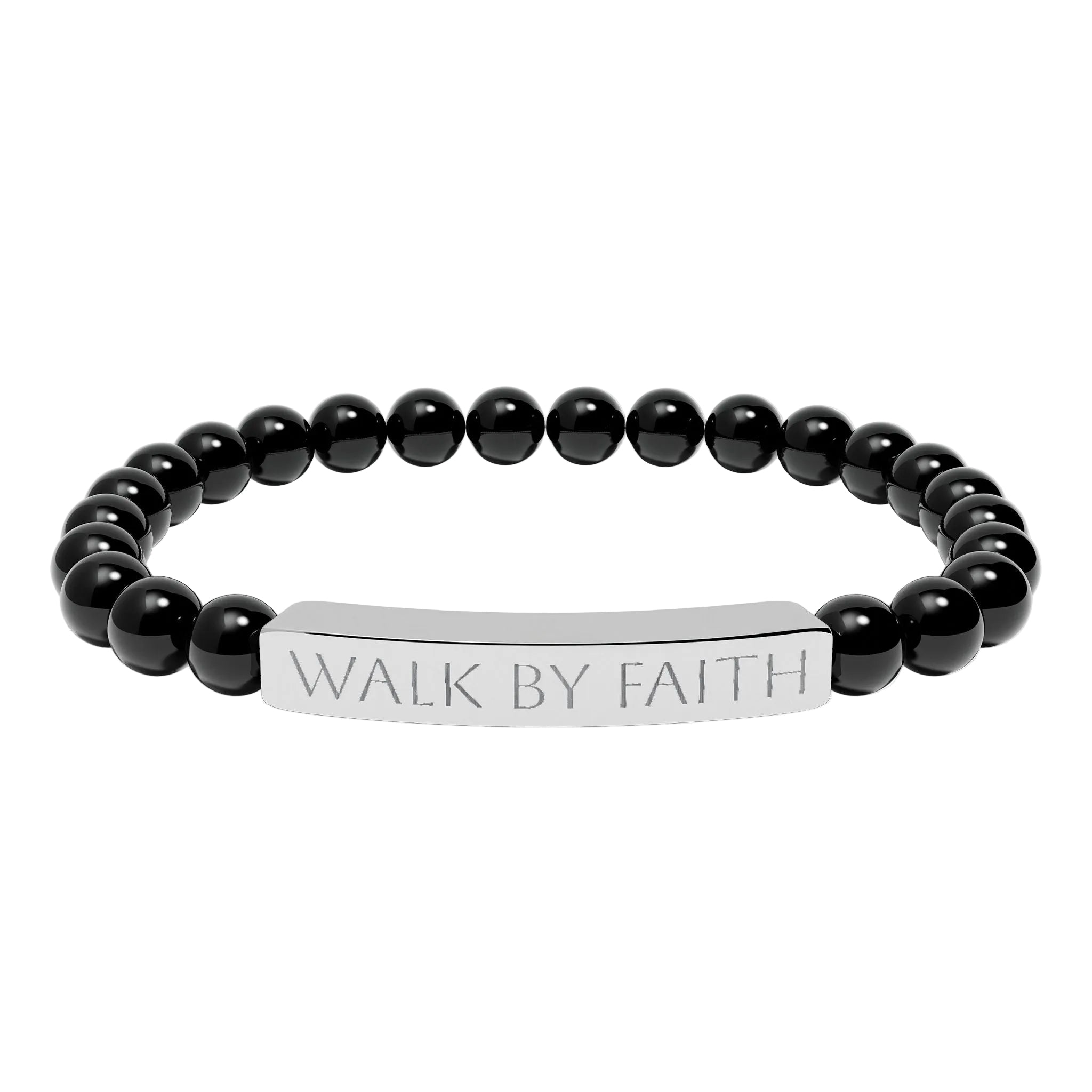 Walk By Faith black beaded Christian bracelet with engraved stainless steel bar
