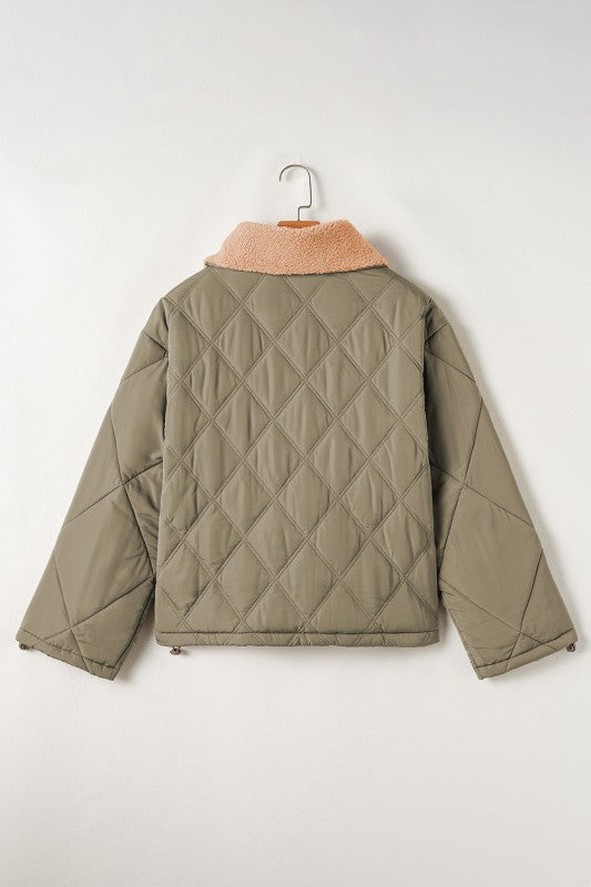 teddy collar quilted puffer jacket flap pocket winter coat