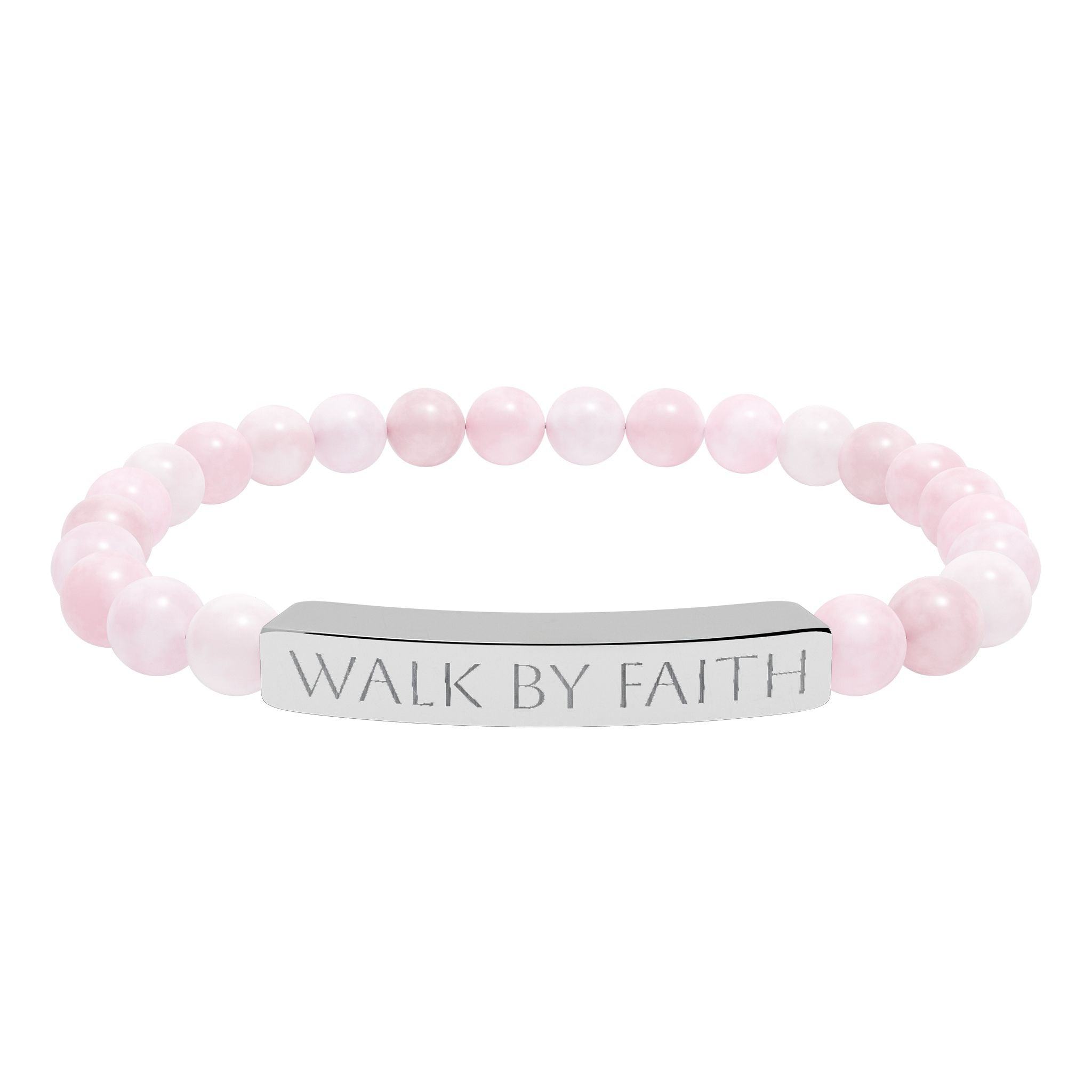 Walk By Faith black beaded Christian bracelet with engraved stainless steel bar