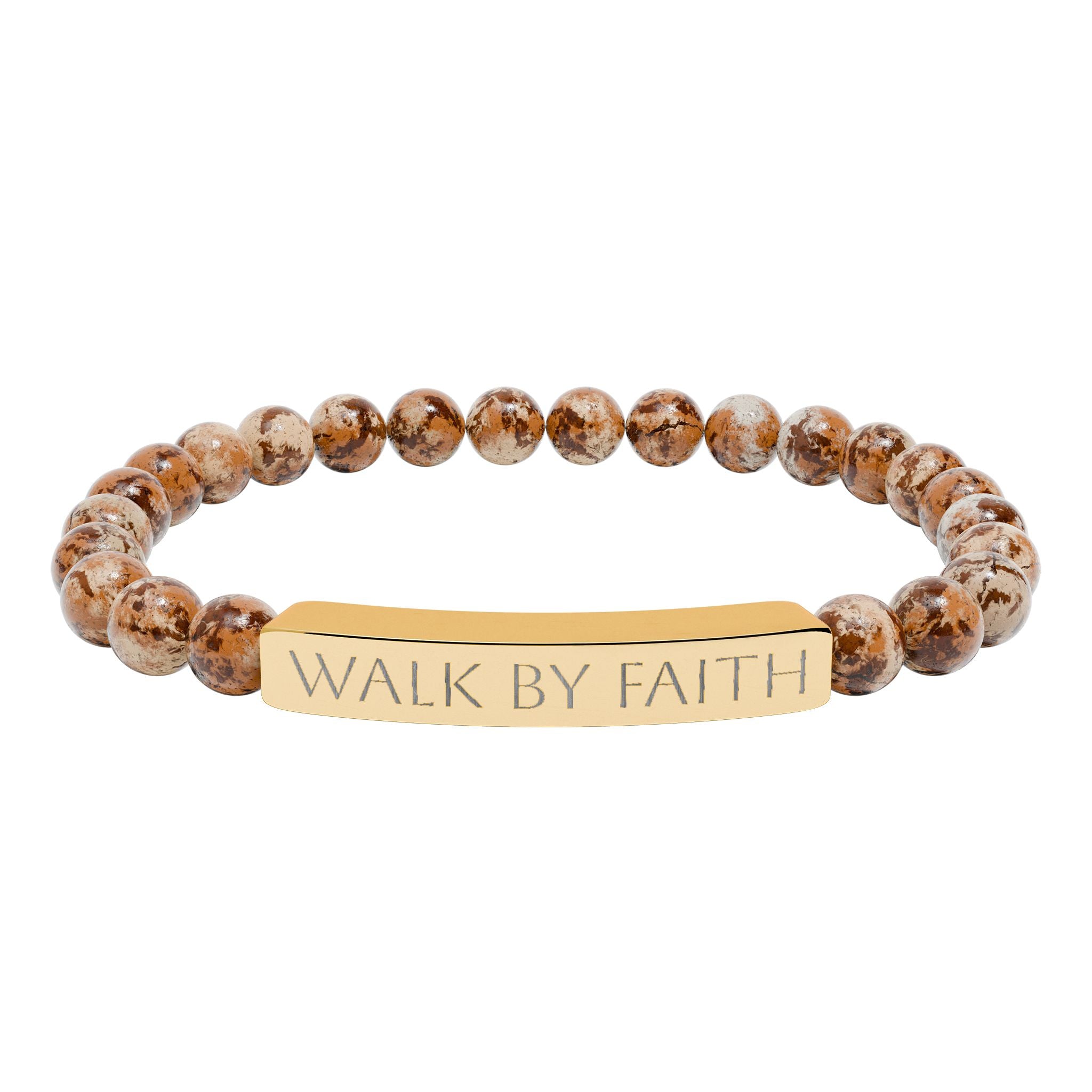Walk By Faith black beaded Christian bracelet with engraved stainless steel bar