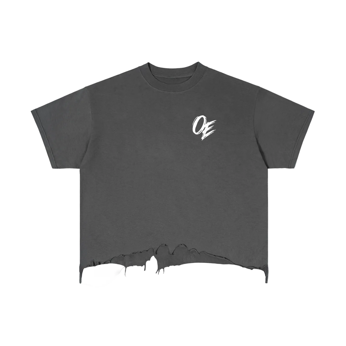 Oddzz & Endzz® washed charcoal oversized distressed tee with white OE chest logo and raw hem.
