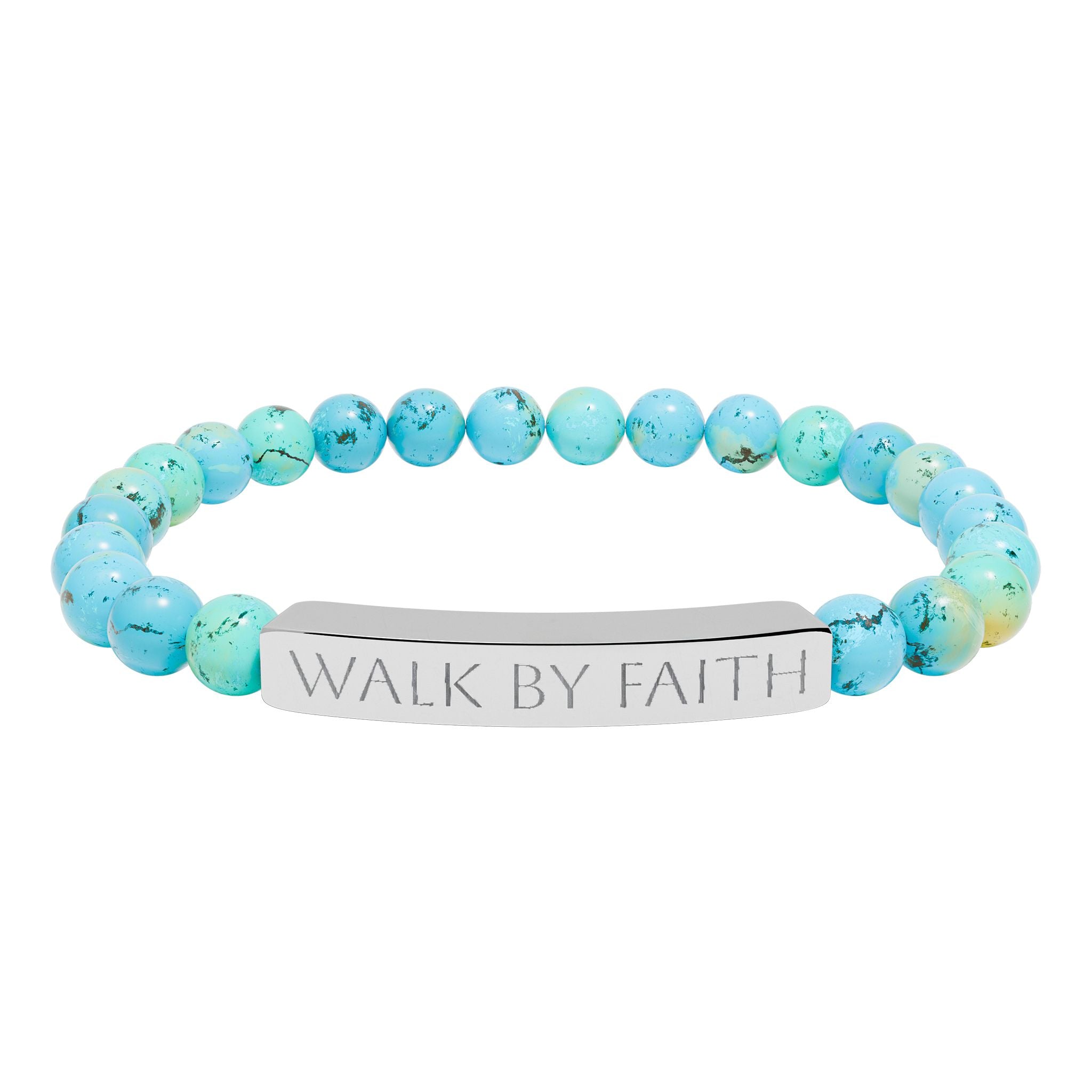 Walk By Faith black beaded Christian bracelet with engraved stainless steel bar