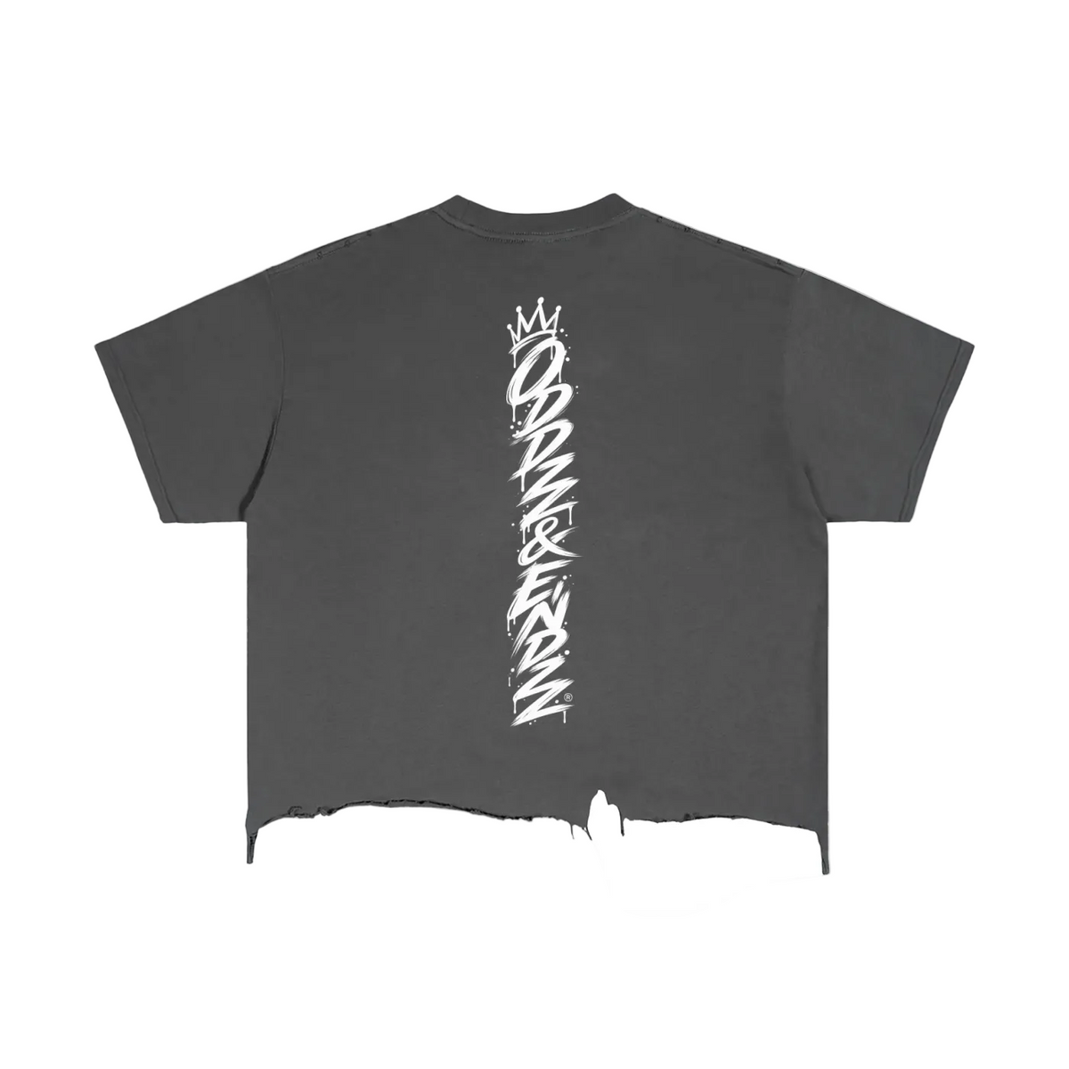 Oddzz & Endzz® washed charcoal oversized distressed tee with white OE chest logo and raw hem.