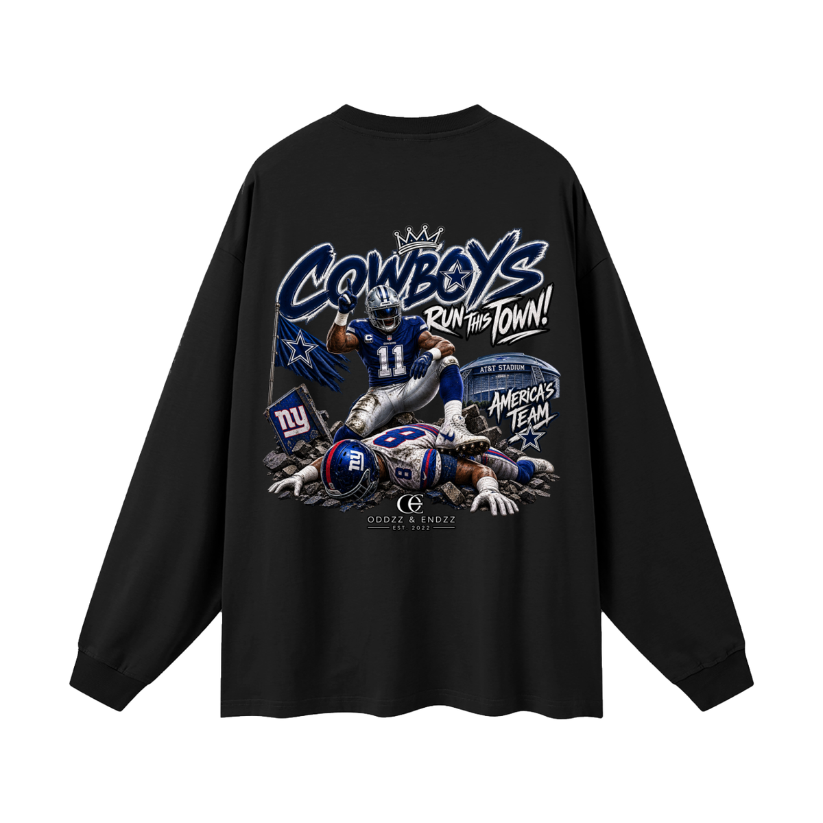 COWBOYS RUN THIS TOWN OVERSIZED UNISEX LONG SLEEVE BLACK TEE