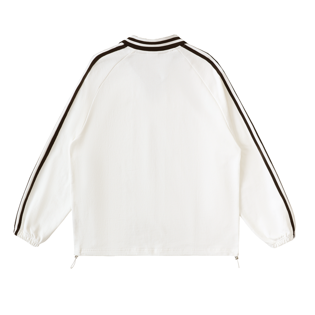 Oddzz & Endzz® cream unisex long sleeve pullover with black contrast collar, sleeve stripes and vertical logo