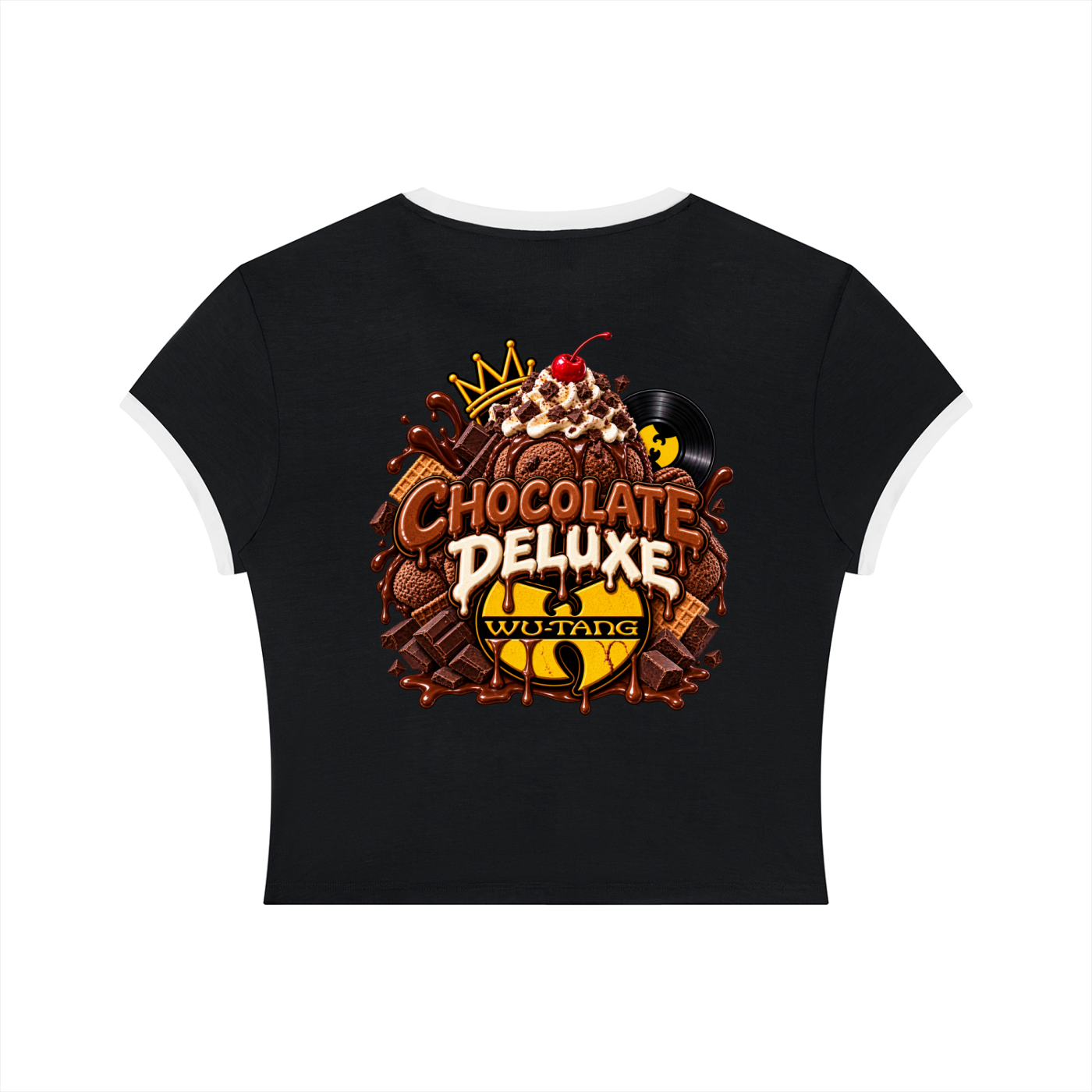 A black short-sleeve crop top with white trim on the collar and sleeve cuffs, featuring a large graphic print on the front. The graphic is styled like a chocolate dessert with a crown, a cherry, a vinyl record, and a yellow and black logo resembling the Wu-Tang Clan emblem, with the text 'CHOCOLATE DELUXE' and 'WU-TANG'.