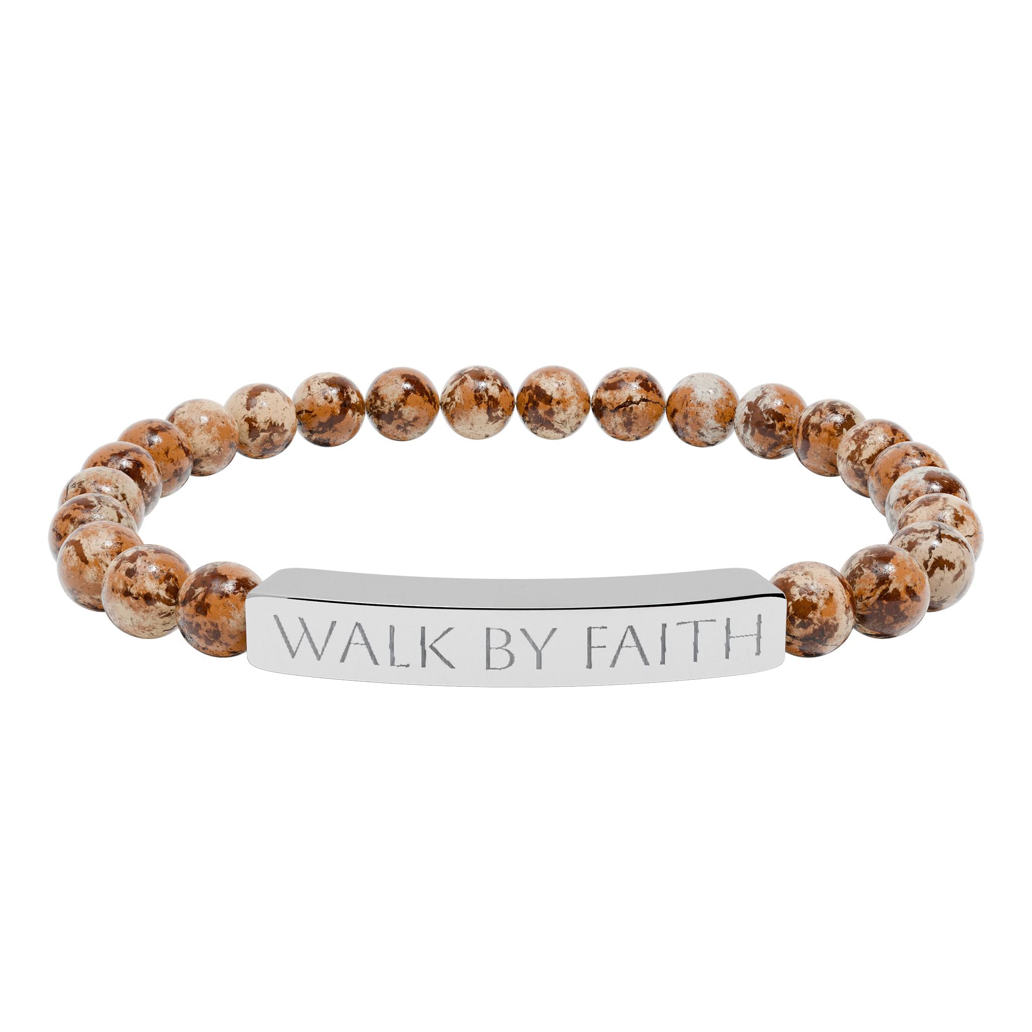 Walk By Faith black beaded Christian bracelet with engraved stainless steel bar