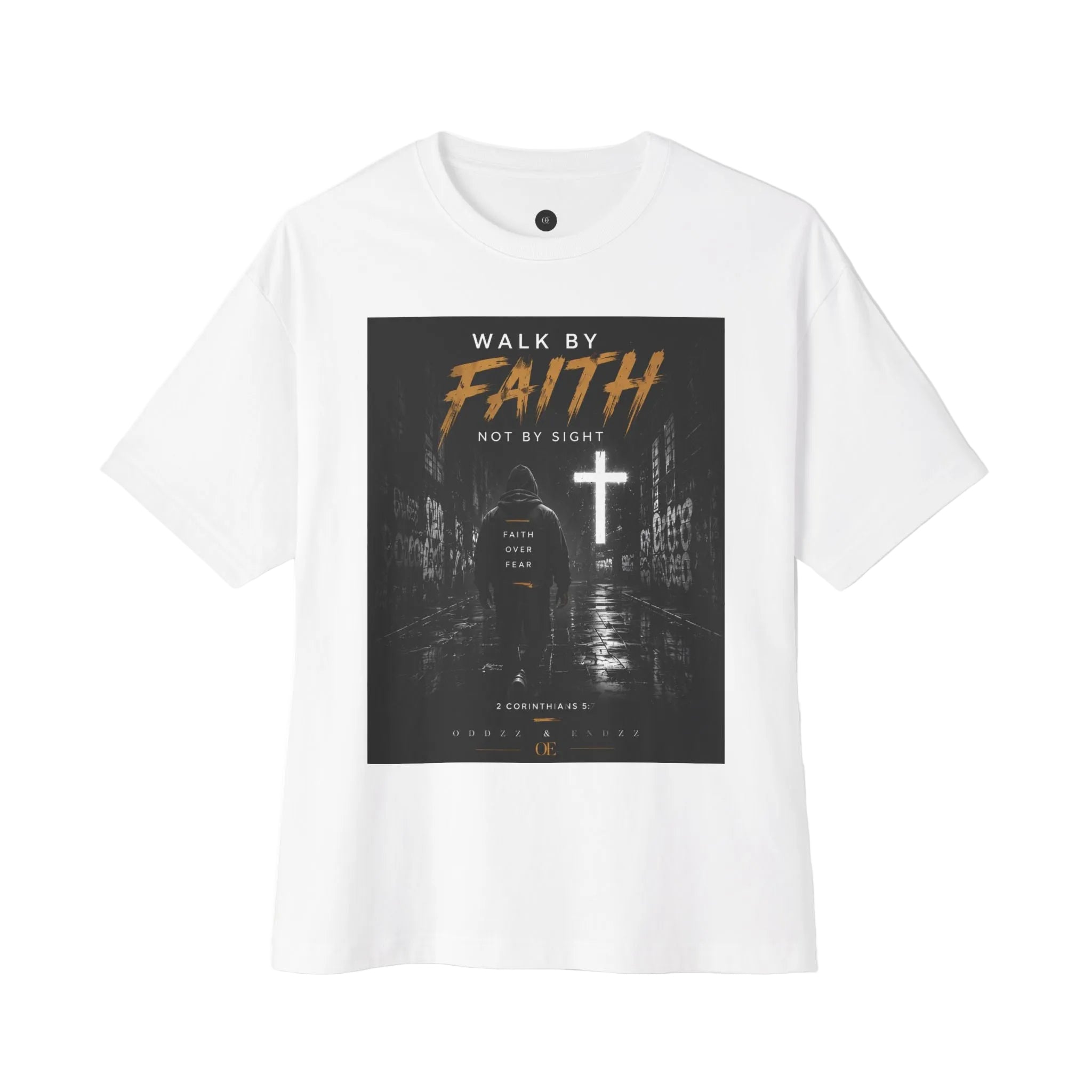 Walk by Faith Christian graphic tee inspired by 2 Corinthians 5:7 oversized streetwear