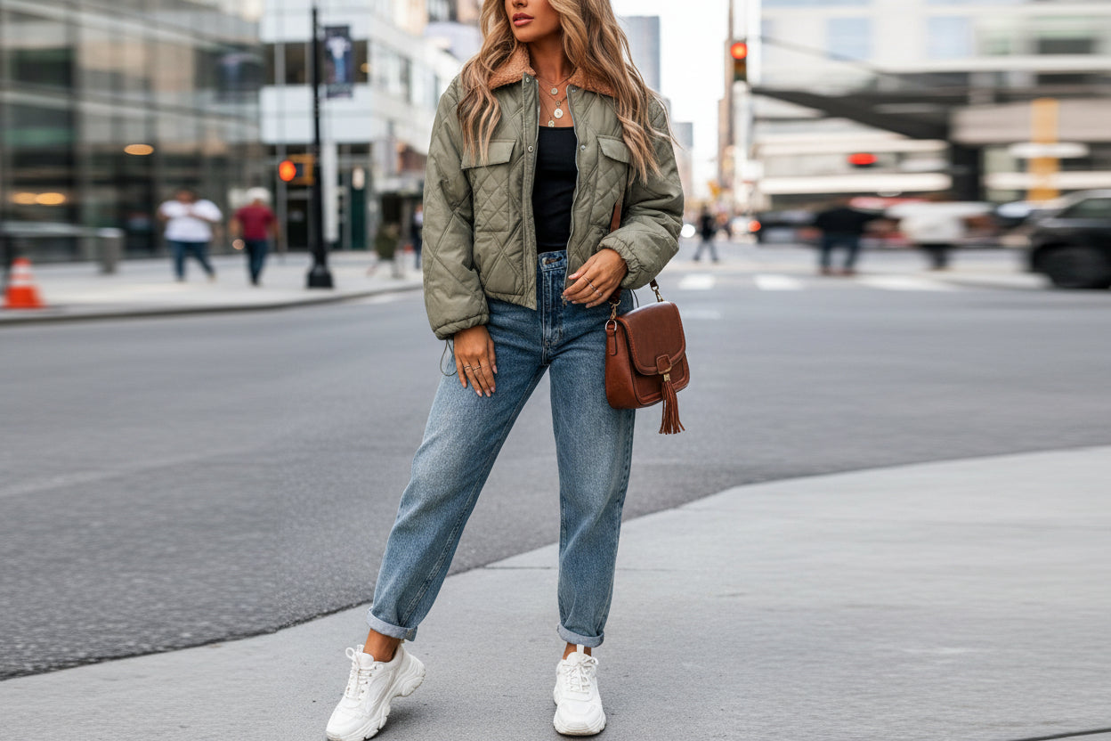 teddy collar quilted puffer jacket flap pocket winter coat