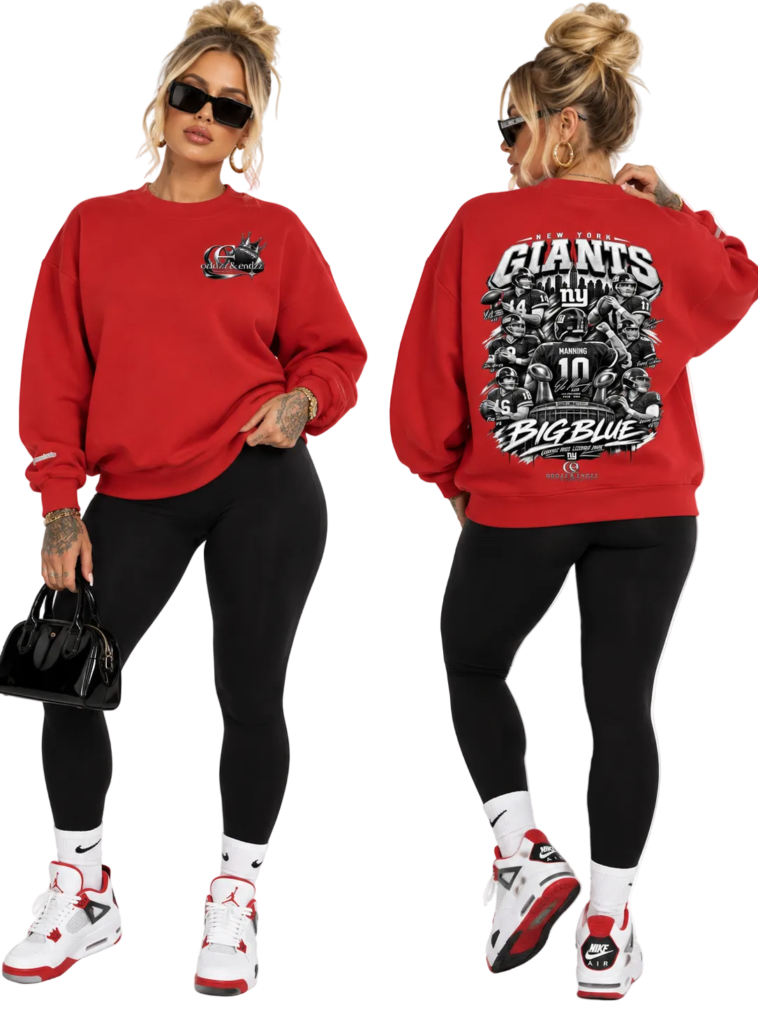 Blonde female model wearing red Oddzz & Endzz® Big Blue buttery soft oversized sweatshirt with black leggings