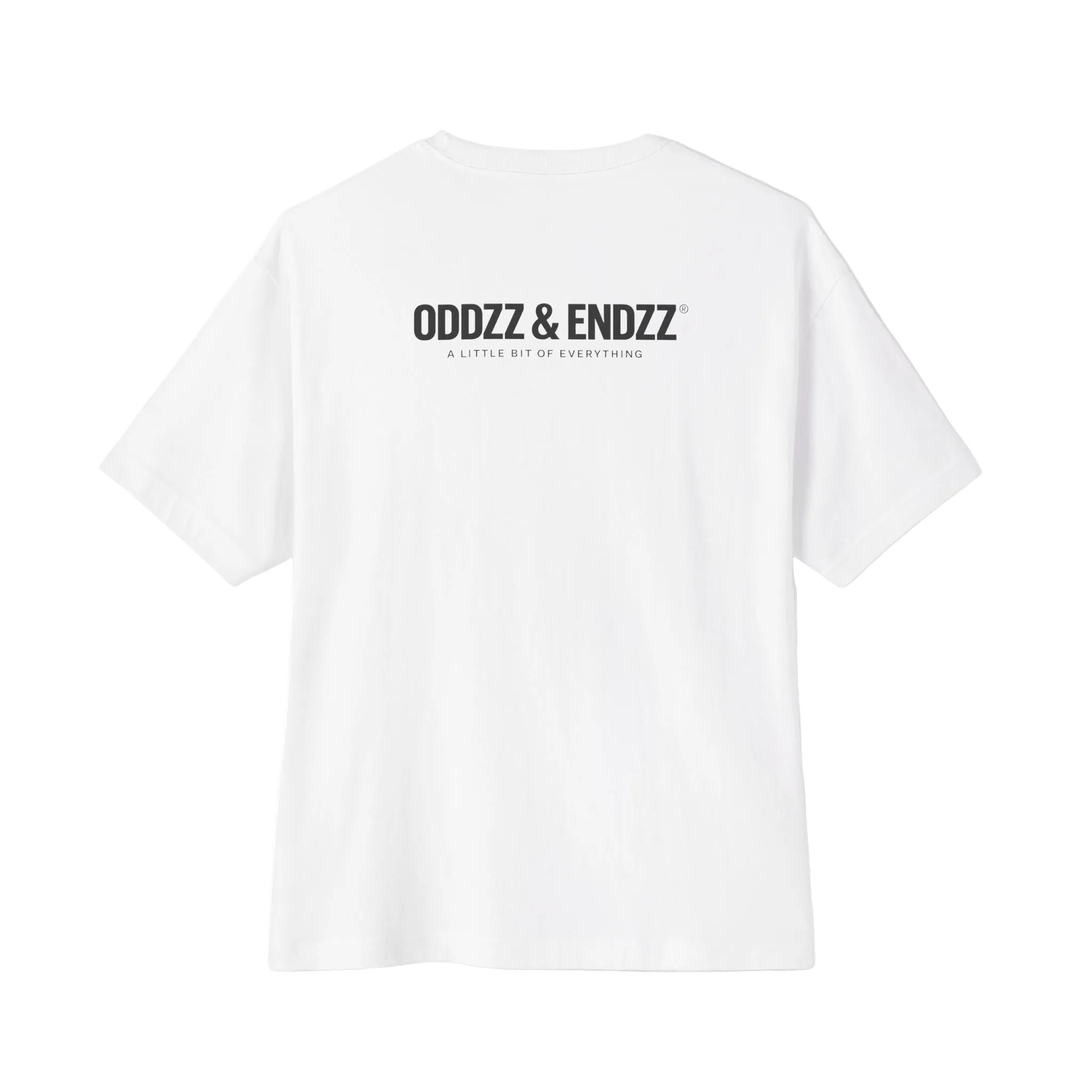 Oversized white streetwear t-shirt featuring the Oddzz & Endzz® signature logo on the back