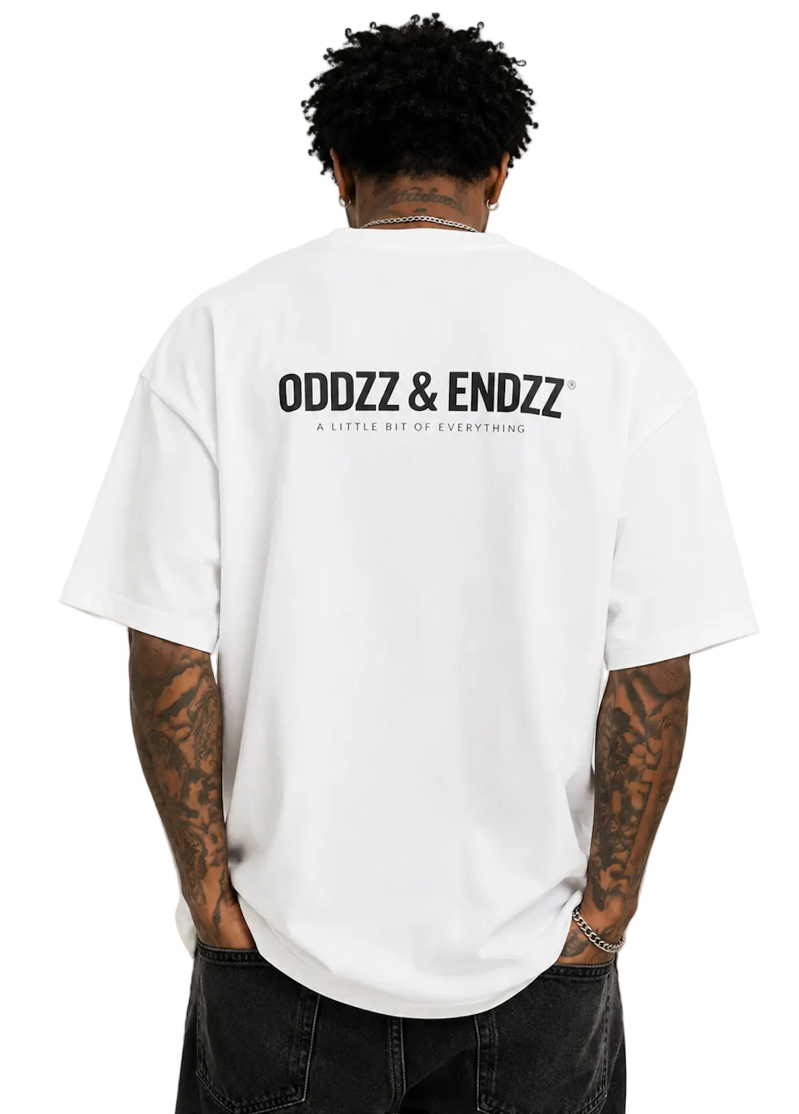 Oversized white streetwear t-shirt featuring the Oddzz & Endzz® signature logo on the back