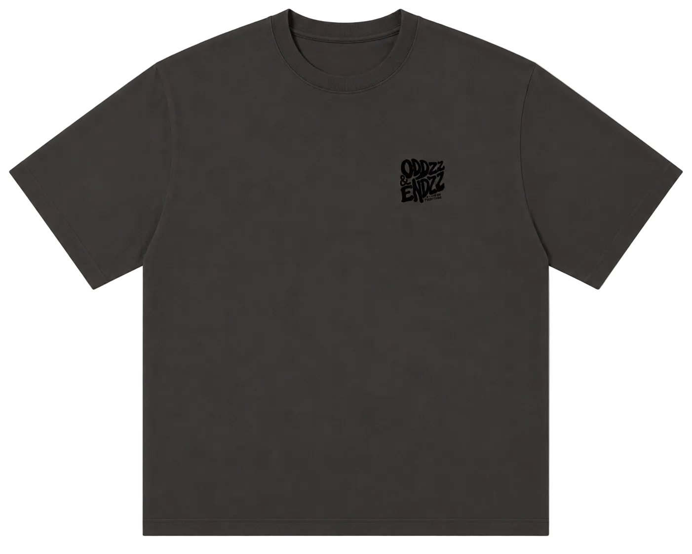 Washed charcoal oversized t-shirt featuring the Oddzz & Endzz® bubble logo back graphic