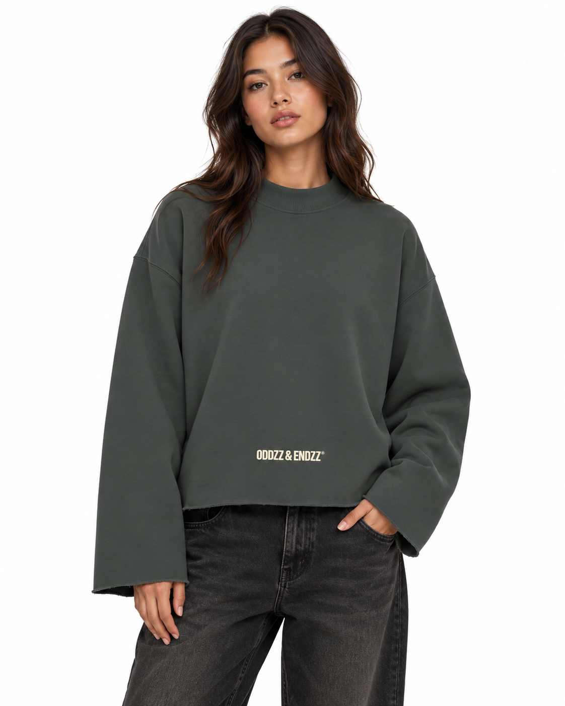 ODDZZ & ENDZZ® UNISEX MOCK NECK RAW EDGE BOXY SWEATSHIRT