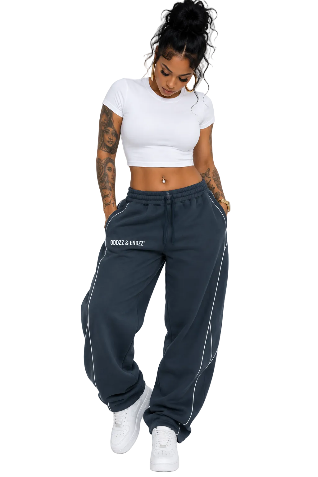 Oddzz & Endzz® charcoal fleece pants with white thigh logo and contrasting piped leg detailing