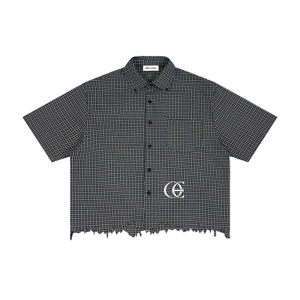 Oddzz & Endzz® unisex black and white distressed grid short sleeve button-up shirt with OE monogram