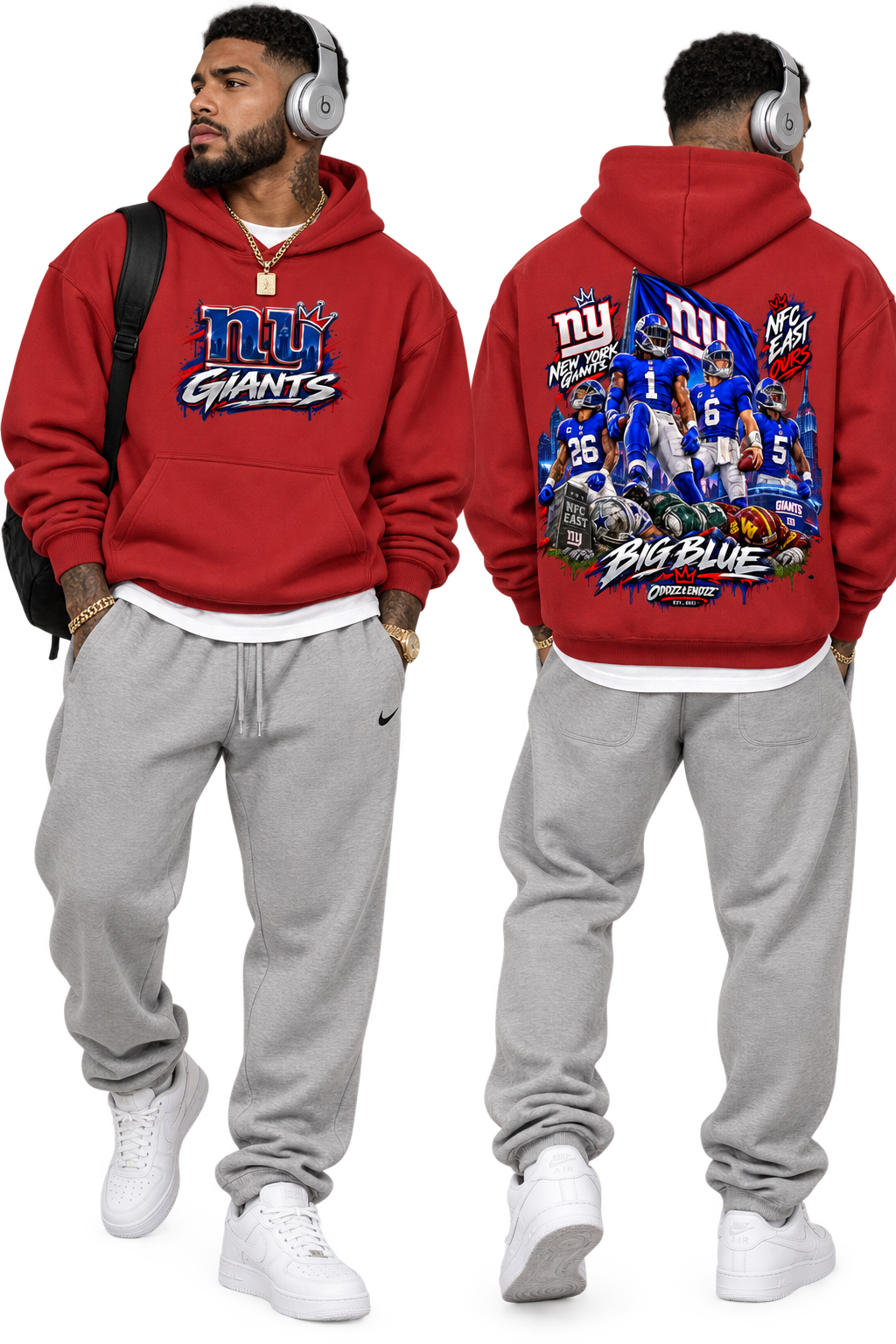 Big Blue oversized hoodie with large New York football collage and NFC East graphic on back