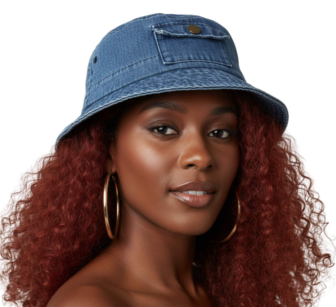 Woman wearing a denim bucket hat with a neutral background