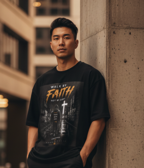 Walk by Faith Christian graphic tee inspired by 2 Corinthians 5:7 oversized streetwear
