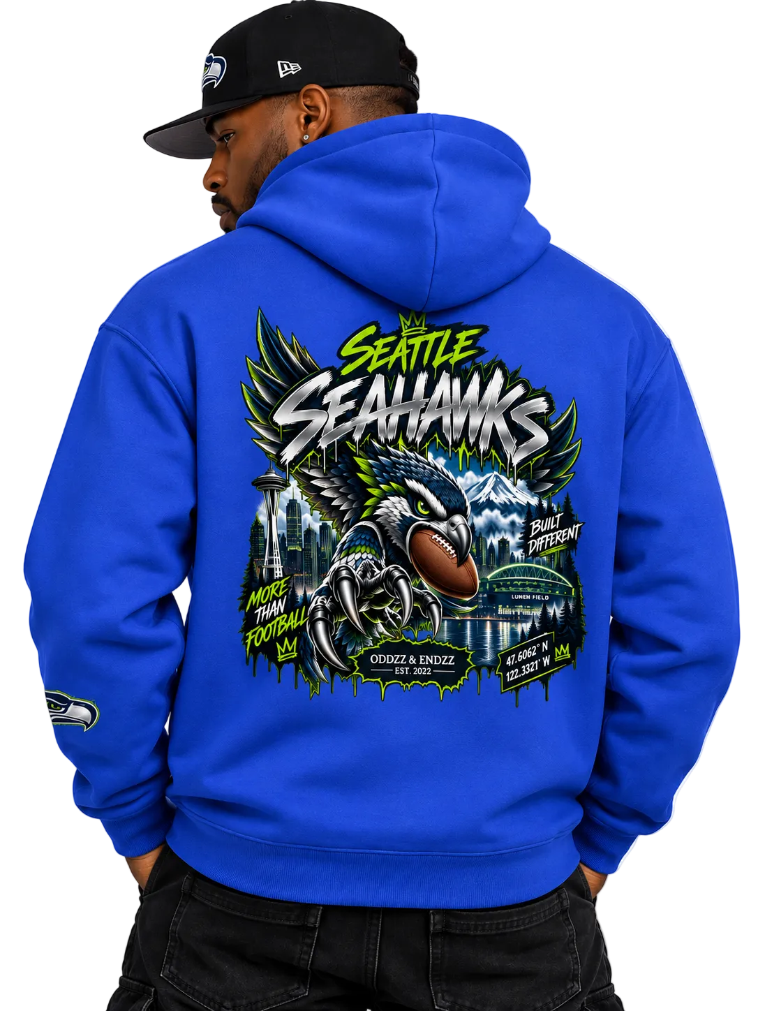 Seattle Seahawks oversized hoodie featuring large animated hawk football graphic with Seattle skyline and Built Different details