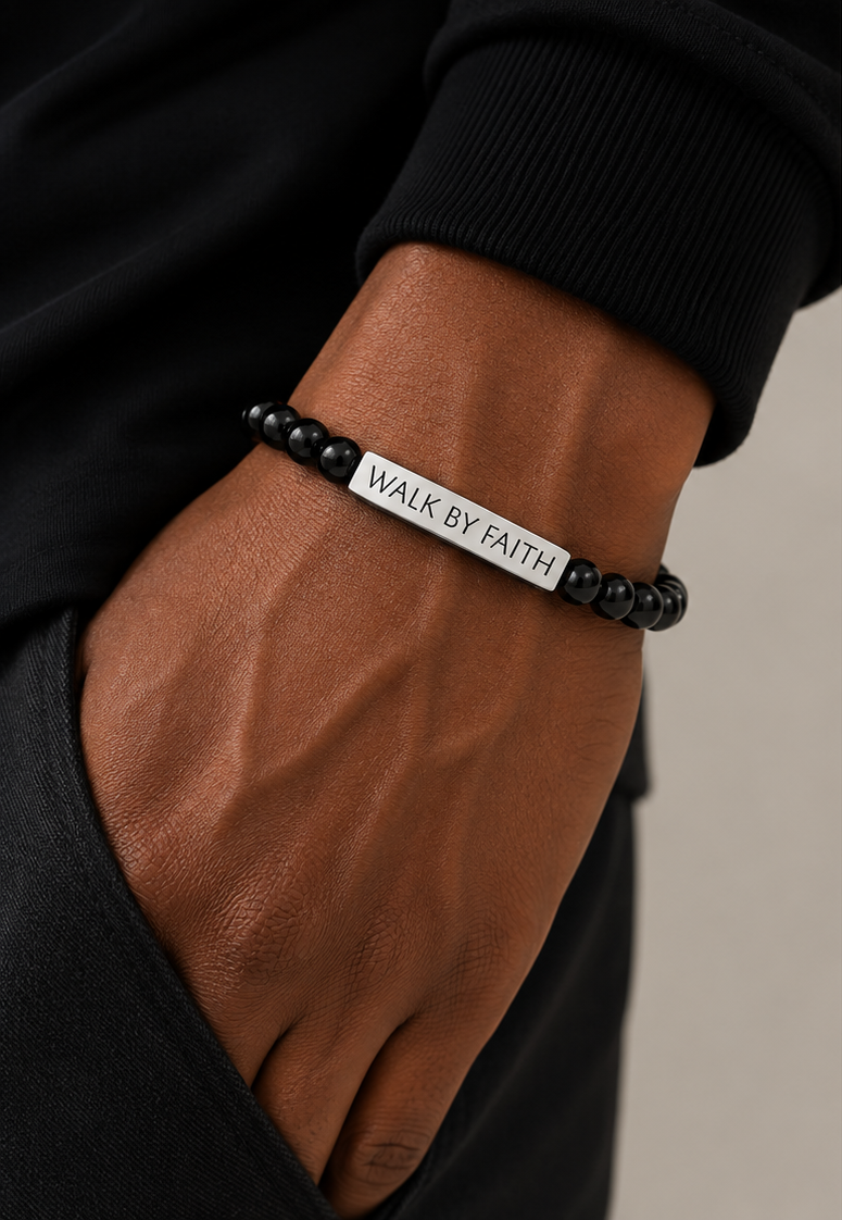 Walk By Faith black beaded Christian bracelet with engraved stainless steel bar