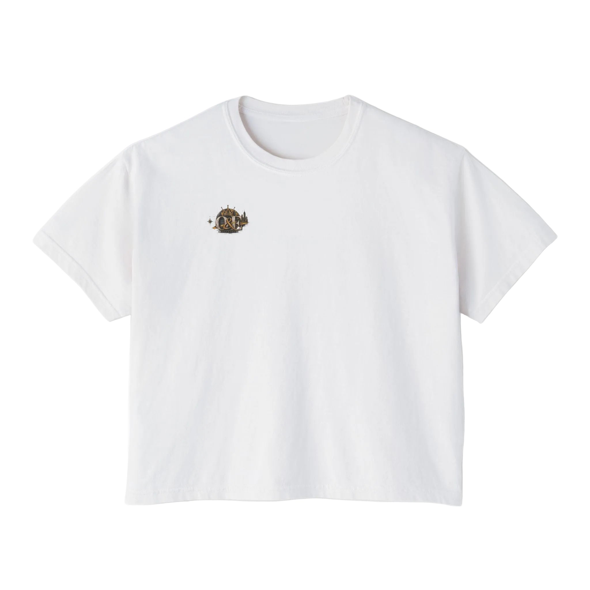 White cropped t-shirt featuring a small OE Blueprint Crest on the front and a Renaissance-inspired back graphic with architectural blueprint elements, city skyline, florals, butterflies, and Oddzz & Endzz® branding.