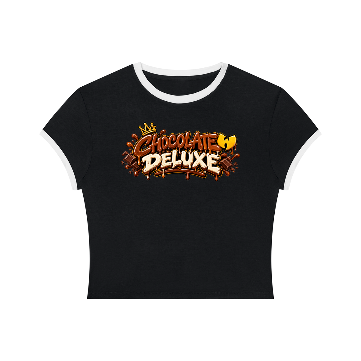 A black ringer crop top t-shirt with white trim on the crew neck and sleeves, featuring a colorful 'Chocolate Deluxe' graphic on the chest.