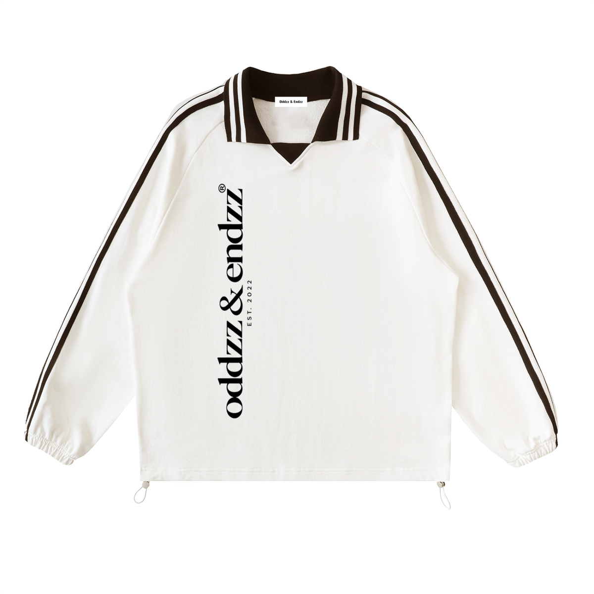 Oddzz & Endzz® cream unisex long sleeve pullover with black contrast collar, sleeve stripes and vertical logo