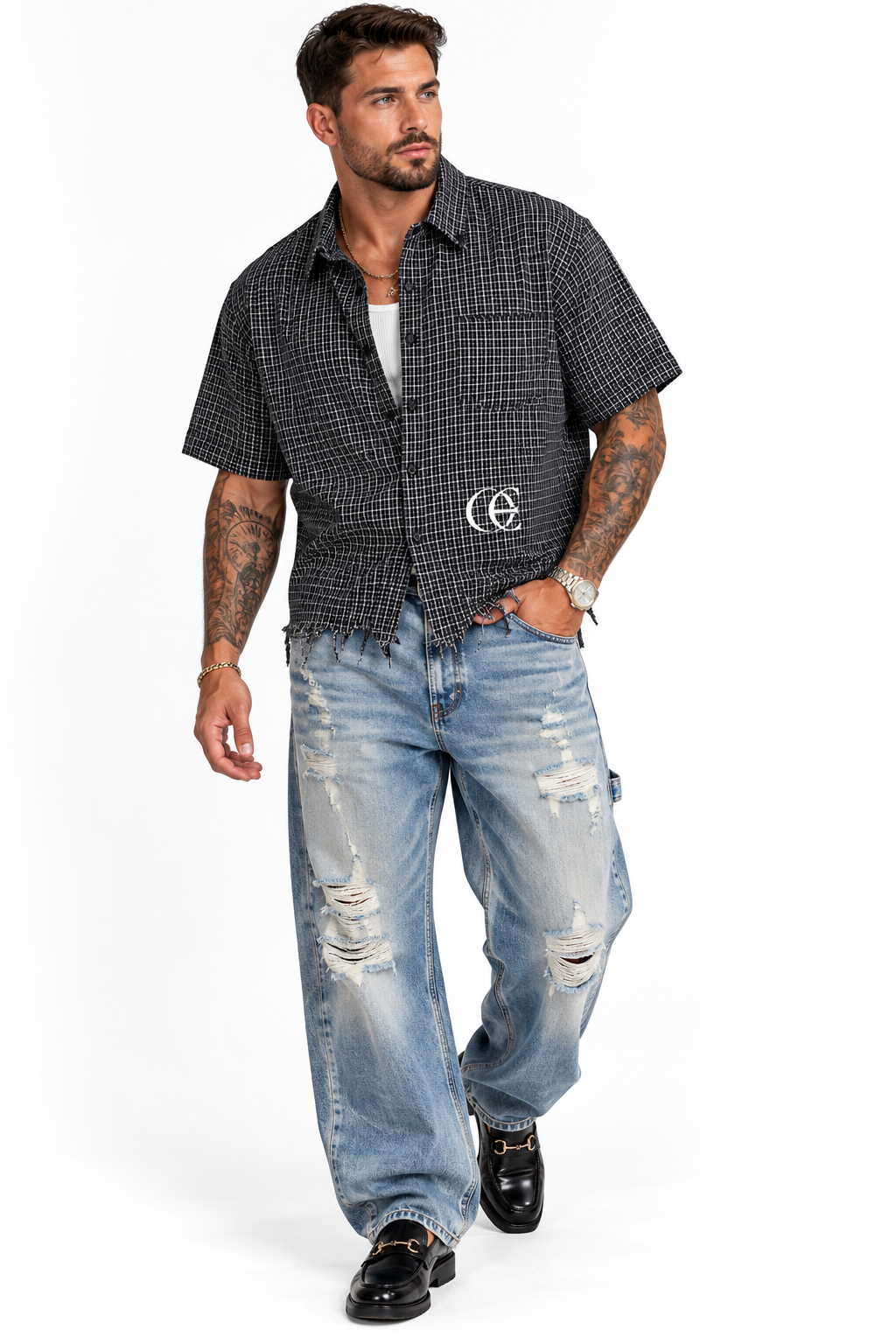 unisex black and white distressed grid short top